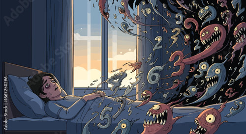 Stressed person struggling with nightmares and anxiety, haunted by numbers and monsters in their bedroom