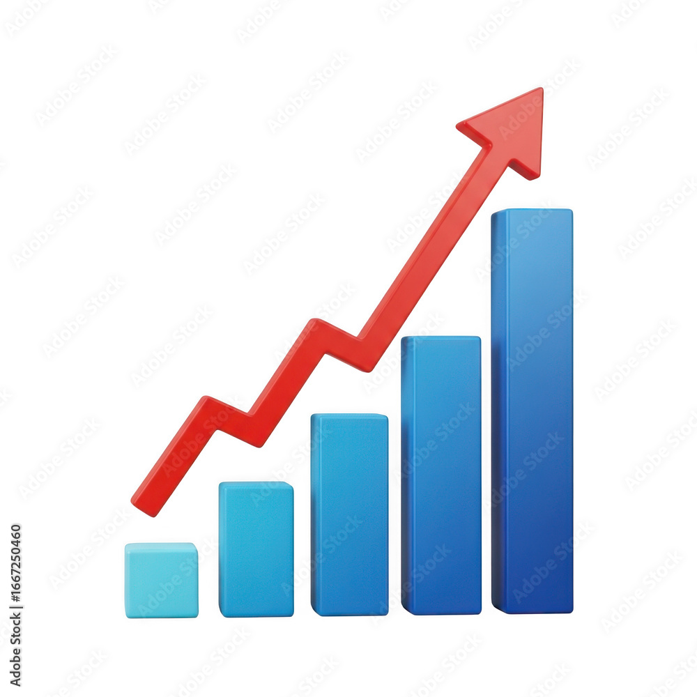 Fototapeta premium 3d bar chart with red upward arrow demonstrating business growth and financial success transparent background