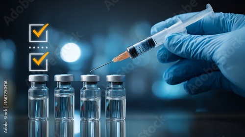 Hand holding syringe ready to inject vaccine near vials with checkmarks on background, healthcare use
