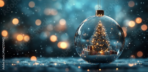 Christmas Ornament With a Decorated Tree and Glowing Presents in a Winter Won...