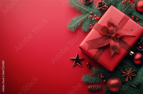 Festive Red Gift Box Adorned With Ribbon and Pine in Warm Holiday Atmosphere.