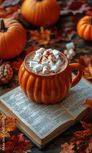 Cozy Autumn Vibes With Hot Chocolate in a Pumpkin Mug on an Open Book