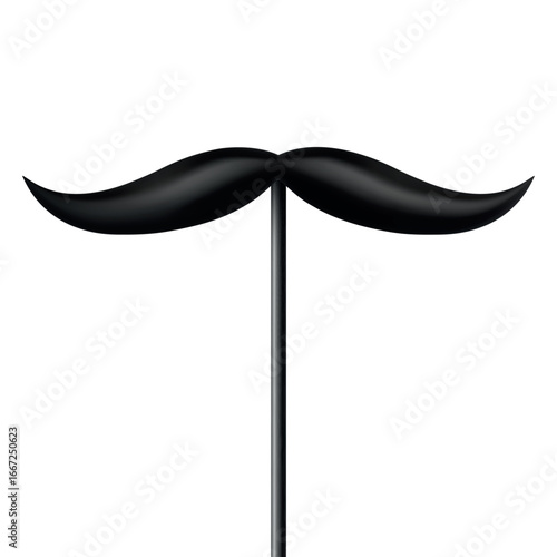 Vector 3d Realistic Black Mustache Prop on Stick, Isolated. Simple Mustache for Party, Photo Booth, Masquerade, Costume, Funny Carnival, Cosplay, Hipster Style