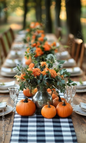 Beautiful Autumn Outdoor Table Setting With Pumpkins and Flowers in Warm Colo...