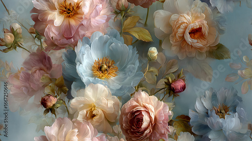 Fototapeta Naklejka Na Ścianę i Meble -  Elegant floral seamless pattern with blooming peony and rose flowers on a serene blue background. Beautiful delicate botanical wallpaper.