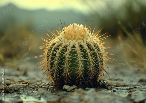 Unique Cactus With Blooming Flower in Desert Landscape During Golden Hour Sun...