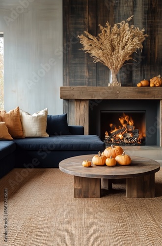 Cozy Living Room Decorated With Autumnal Elements and Warm Tones in a Modern ...