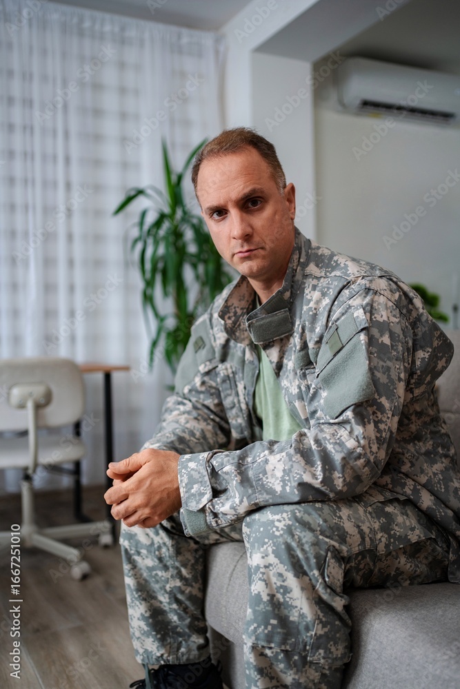 Fototapeta premium Soldier sitting on sofa looking sad at home