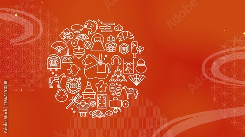 2026年午年　日本の正月アイコンの和風な年賀挨拶アニメーション