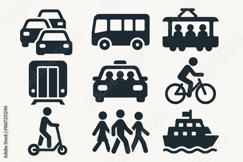 Transportation solid icon set. vehicles, commute, travel symbols collection
