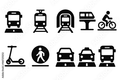 Transportation, travel silhouette icon set. public transit, vehicle icons collection