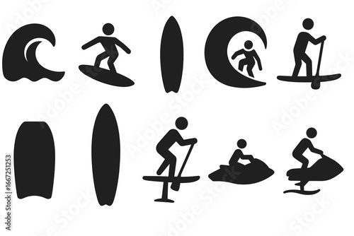 Surfing and watersports silhouette icon set. paddleboarding, jet skiing, wave icons
