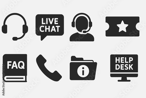 Customer service solid icon set. support, help desk, communication icons collection