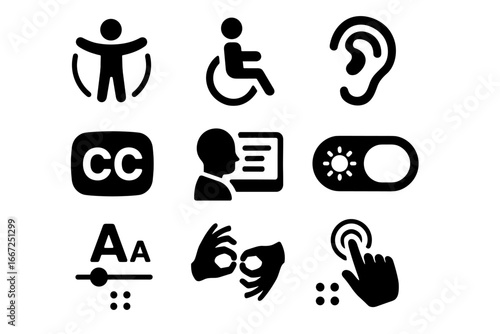 Accessibility solid icon set. inclusive design, universal symbols solid collection