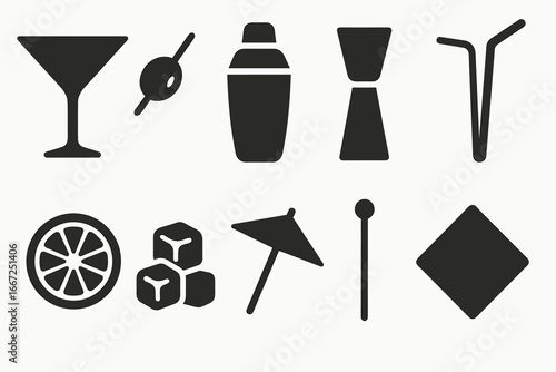 Cocktail, bar solid icon set. drink, beverage mixing icons solid collection
