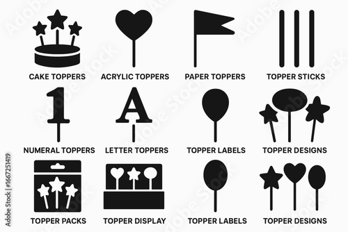 Party decoration silhouette icon set. celebration, event decor silhouette collection