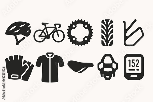 Cycling silhouette icon set. bicycle gear and accessory silhouettes