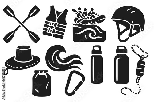 Outdoor adventure silhouette icon set. rafting, camping, hiking gear in silhouette style