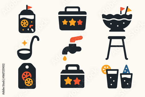 Summer cocktail flat icon set. refreshing drinks and party essentials collection
