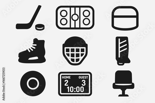 Hockey solid icon set. sports equipment and rink elements collection