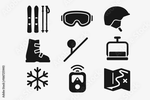 Skiing, winter sports silhouette icon set. equipment and safety silhouette collection