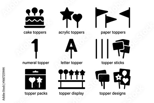 Cake toppers solid icon set. birthday, celebration, party decoration icons collection