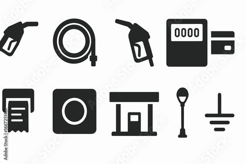 Fuel, gasoline solid icon set. petrol station, fuel pump, credit card icons filled style