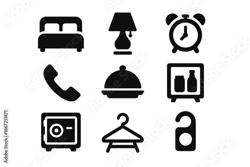 Hotel amenities solid icon set. hospitality, service essentials icons for websites