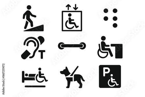 Accessibility tools silhouette icon set. disability aids, inclusivity visuals