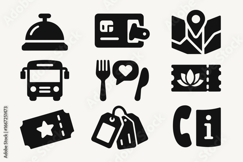 Travel and tourism silhouette icon set. vacation, booking, and transport icons collection