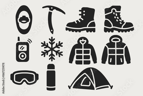 Outdoor adventure solid icon set. hiking, camping essentials in solid style