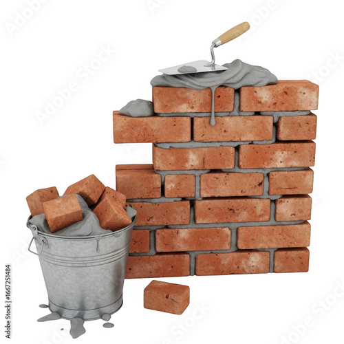 Bricklaying in progress with trowel bucket of bricks and partial wall construction scene transparent background