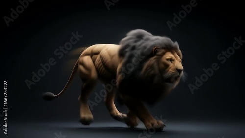 A majestic male lion with a dark mane powerfully striding forward