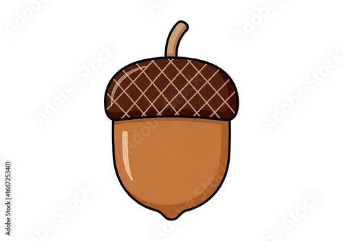 A simple, flat illustration of an acorn with a brown cap featuring a diamond pattern, presented against a stark black background.