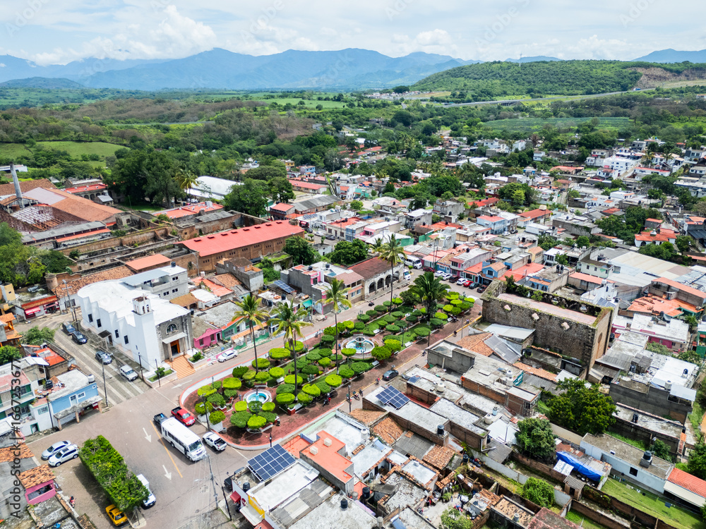 Fototapeta premium Bellavista town in nayarit, mexico, showing the main square and its two temples