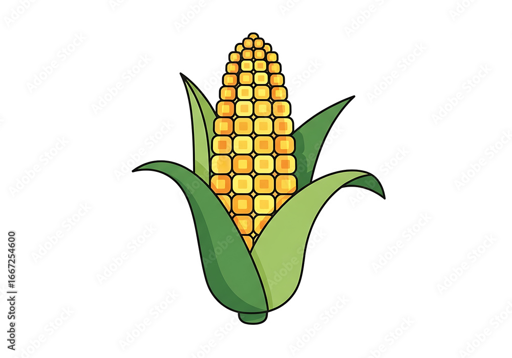 Obraz premium A stylized illustration of an ear of corn, featuring a mosaic pattern on the cob and vibrant green leaves against a black background.