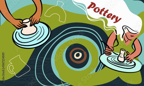 Pottery, workshop, ceramics, studio, collage. Hand drawn line vector illustration.