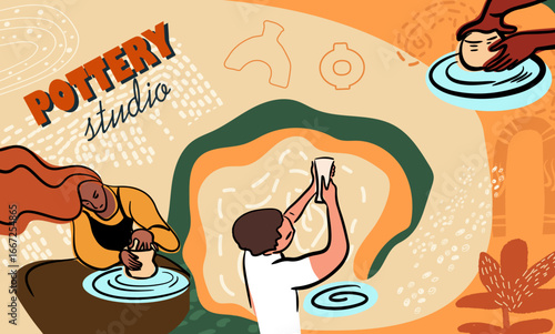 Pottery, workshop, ceramics, studio, collage. Hand drawn line vector illustration.