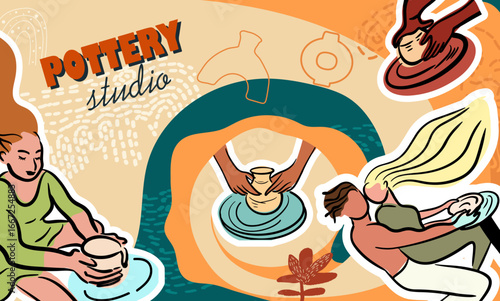 Pottery, workshop, ceramics, studio, collage. Hand drawn line vector illustration.