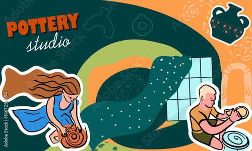 Pottery, workshop, ceramics, studio, collage. Hand drawn line vector illustration.