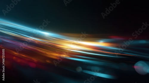 Bright streaks of color flow seamlessly across a dark background, creating a sense of movement and energy. The vibrant blues, oranges, and reds blend together, evoking a digital atmosphere