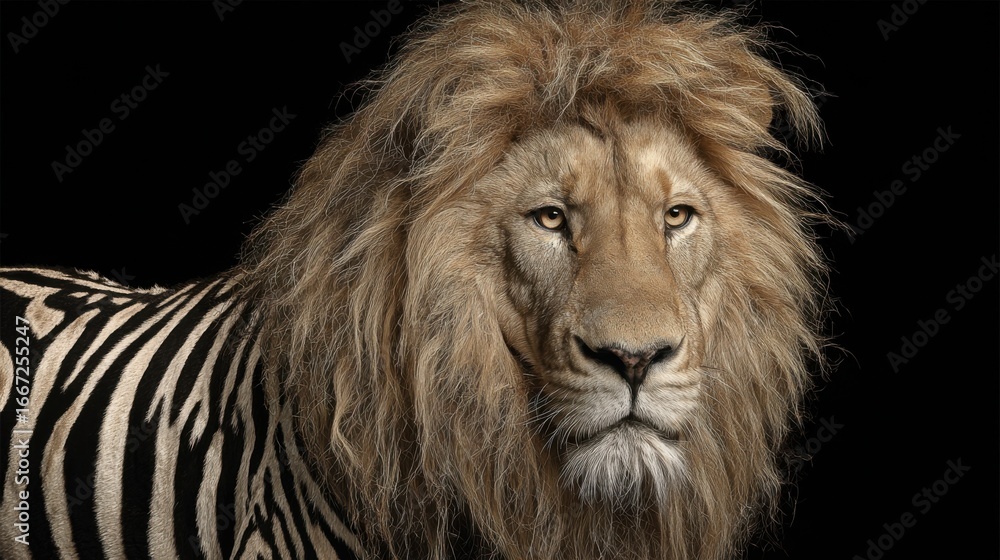Fototapeta premium A magnificent lion showcases its impressive mane and unique striped fur while standing still against a smooth black backdrop. This powerful animal radiates strength and grace