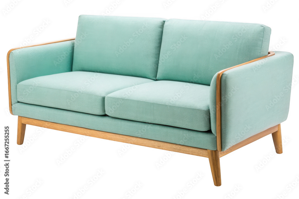 Fototapeta premium Modern mint green two seater sofa with wooden legs isolated on transparent background