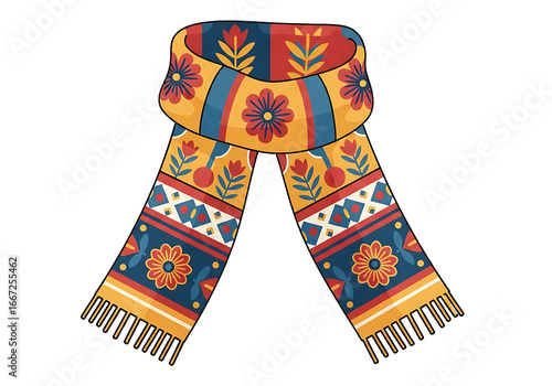 A decorative scarf with a vibrant floral and geometric pattern.