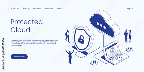 Protected Cloud, Multi-Layered Security with Firewall and Encryption for Safe Cloud Assets. Technology Isometric 3d Line Vector Illustration.