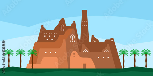 Simplified vector artwork of Najdi mud-brick architecture with palm trees, inspired by Salwa Palace in Diriyah, Riyadh, Saudi Arabia, symbol of Saudi history, heritage and National Day.