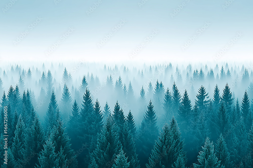 Fototapeta premium View of dense mixed forest with mist and vibrant green foliage.