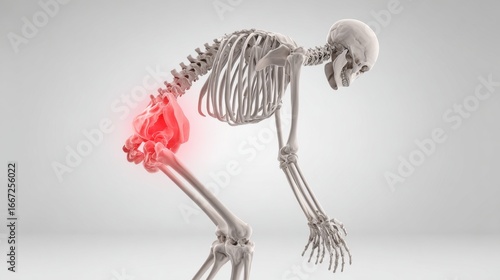 A skeleton model is shown bending forward, indicating hip pain. The area around the hip joint is highlighted to emphasize discomfort, useful for educational purposes in health seminars