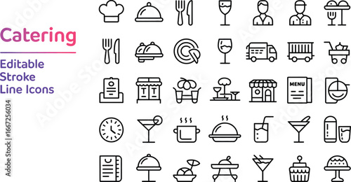 Catering icons food restaurant service delivery chef menu drink event party vector illustration line ices ices silhouette