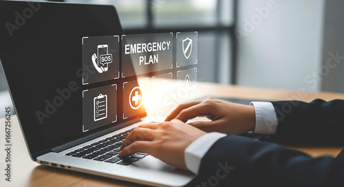 Crafting an emergency plan for businesses preparing for any disaster on a laptop in the office icons and warm